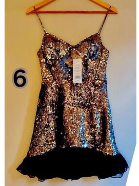 French Connection sequin antique gold black embellished sequin ruffle dress knee